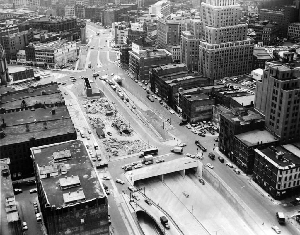 #249 Aerial view of Dewey Square under construction, June 11, 1969.