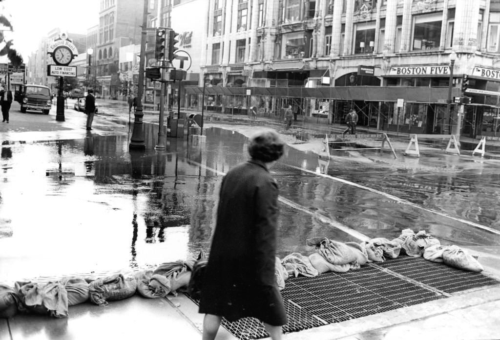 #260 The flooded corner of Boylston and Berkeley Streets in Boston on Oct. 7, 1969.