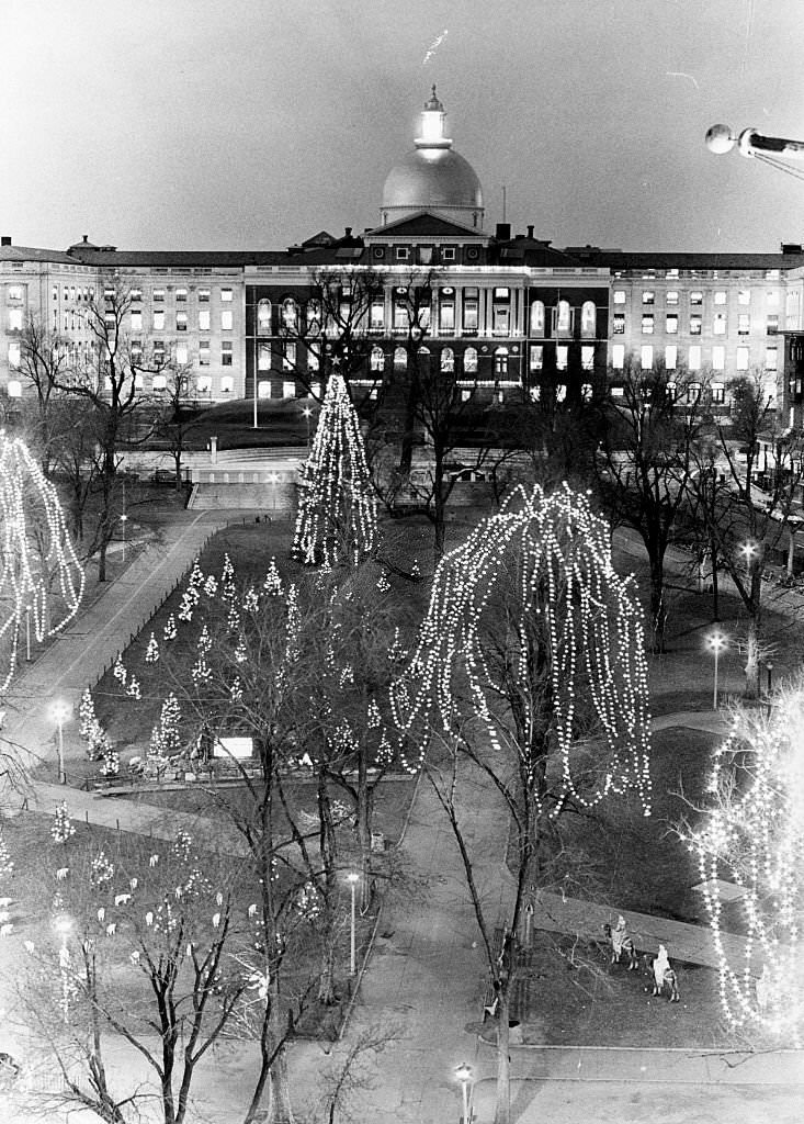 #268 Boston Common trees in front of the Mass. State House are decorated for the holidays on Dec. 4, 1969.