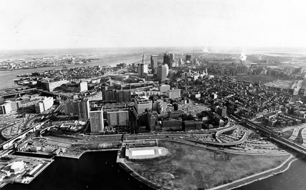 #270 An aerial view of the Boston skyline, with Lederman Park on the Charles River in the foreground, Dec. 5, 1969.