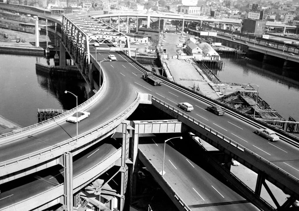 #34 An aerial view of the central artery from where the ramp from Storrow Drive joins it in Boston, Sept. 28, 1961.