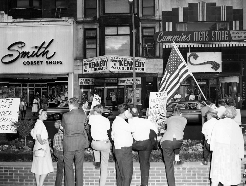 #2 Members of the Nationalist Party picket outside Edward M. Kennedy’s campaign headquarters on Tremont Street in Boston on June 30, 1962.
