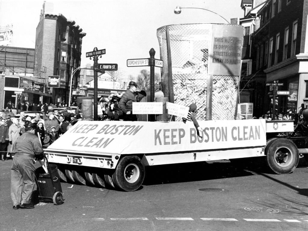 #283 A Department of Public Works “Keep Boston Clean” float in the St. Patrick’s Day parade on Mar. 17, 1961.