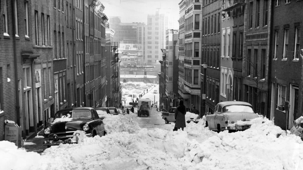 #61 Grove Street in Beacon Hill is covered in snow on Dec. 15, 1960.