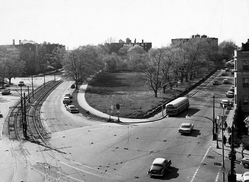 #75 The triangular-shaped parcel of Park Department land at Commonwealth and Chestnut Hill Avenues in Boston, seen here on May 2, 1960, will be sold to a private firm for the construction of a 17-story, $3 million building.