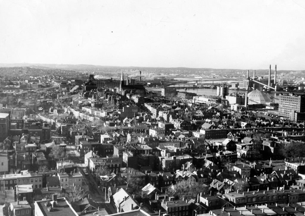 #82 Looking toward Arlington, Medford, and Somerville from the top of Bunker Hill Monument, Feb. 5, 1960.