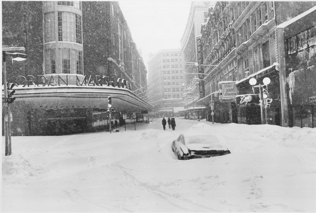 #47 Business in downtown Boston’s shopping district – not to mention this lone automobile – ground to a halt during the snow storm Tuesday, during the “Blizzard of 78”.