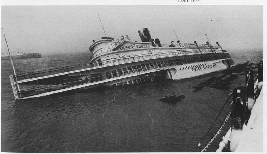 #56 S.S. Peter Stuyvesant, a ship used as a cocktail lounge for the adjacent Anthony’s Pier 4 restaurant, capsized yesterday during the “Blizzard of 78”.