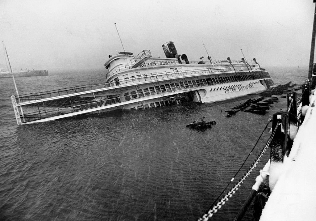 #57 The Peter Stuyvesant, a famous landmark docked by Anthony’s Pier 4 in Boston, starts sinking during the “Blizzard of 78”.