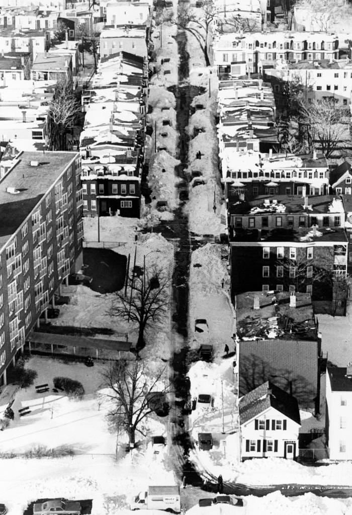 #66 An aerial view of the snowy streets in South Boston on Feb. 8, 1978, following the Blizzard of 78.