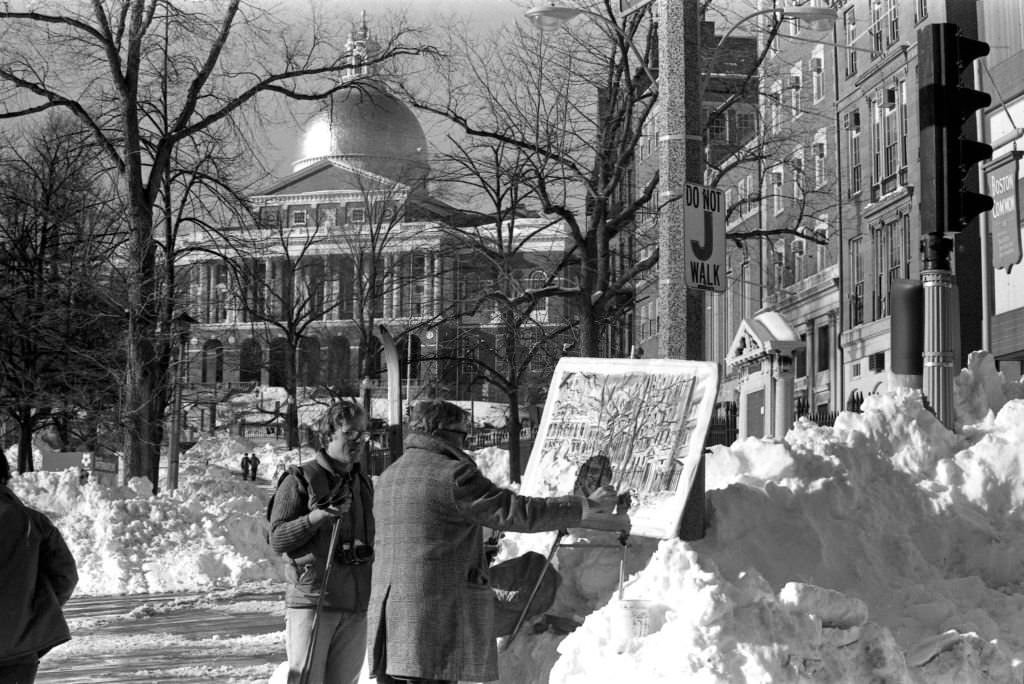 #70 Paul Shea, art director in Waltham’s public school system, paints a snowy scene on Park Street in Boston following the “Blizzard of 78” on Feb. 9, 1978.