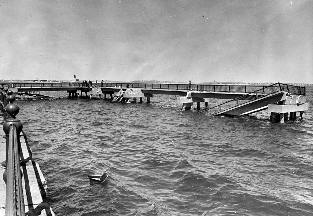 #91 Part of the fishing pier at Boston’s Castle Island toppled into the harbor during a record-setting winter storm in February 1978.