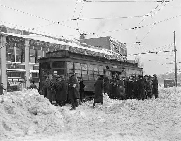 #53 Trolley stuck in snow, Uphams Corner, Dorchester, 1930.