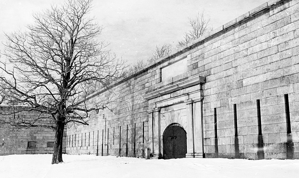 #142 The main door to Fort Independence, as seen from the snow-covered inside of the fort, on Boston’s Castle Island, 1974.