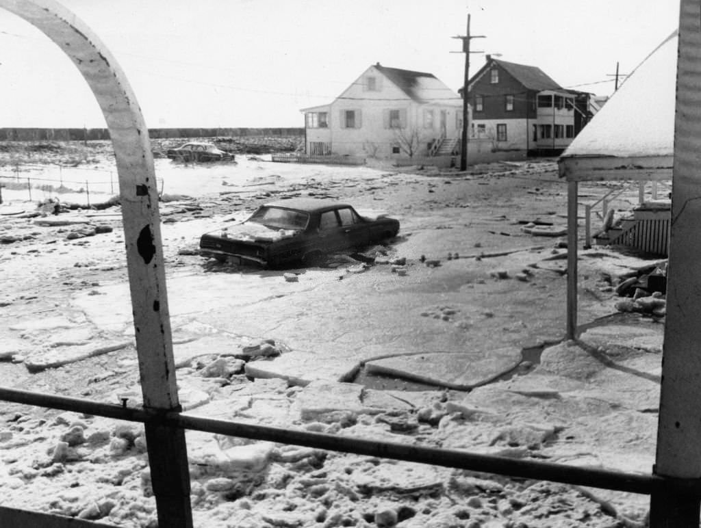 #148 Broad Sound Avenue by Revere Beach is flooded with snow and ice after a winter storm, 1972.