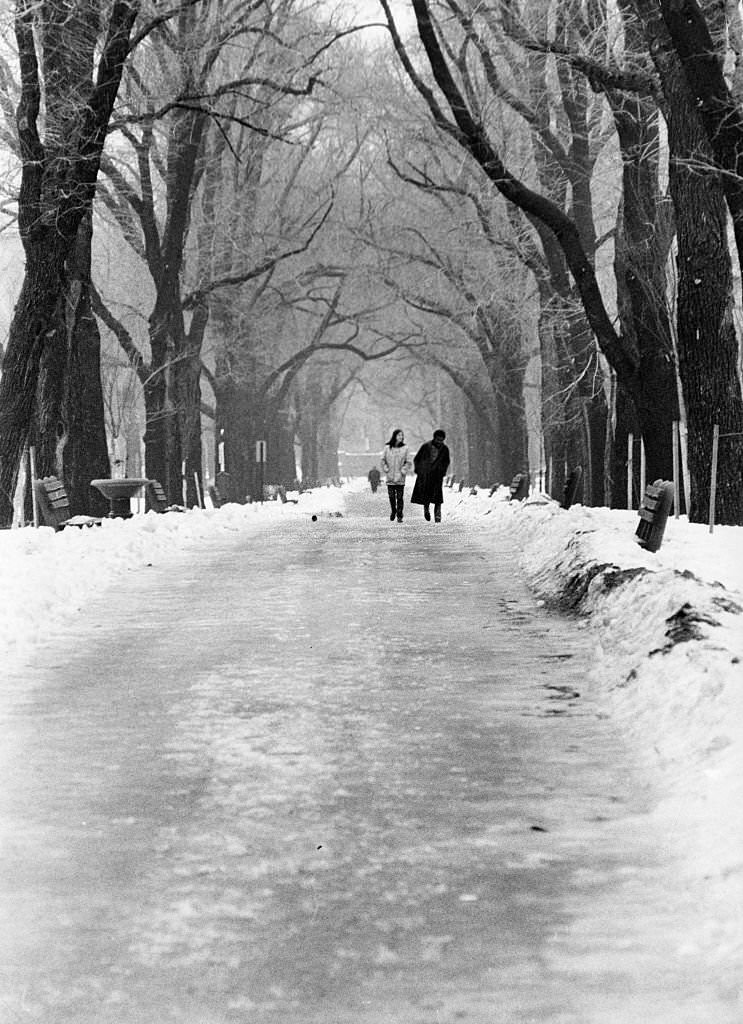 #149 Two pedestrians walk through the Commonwealth Avenue Mall in Boston, 1971.