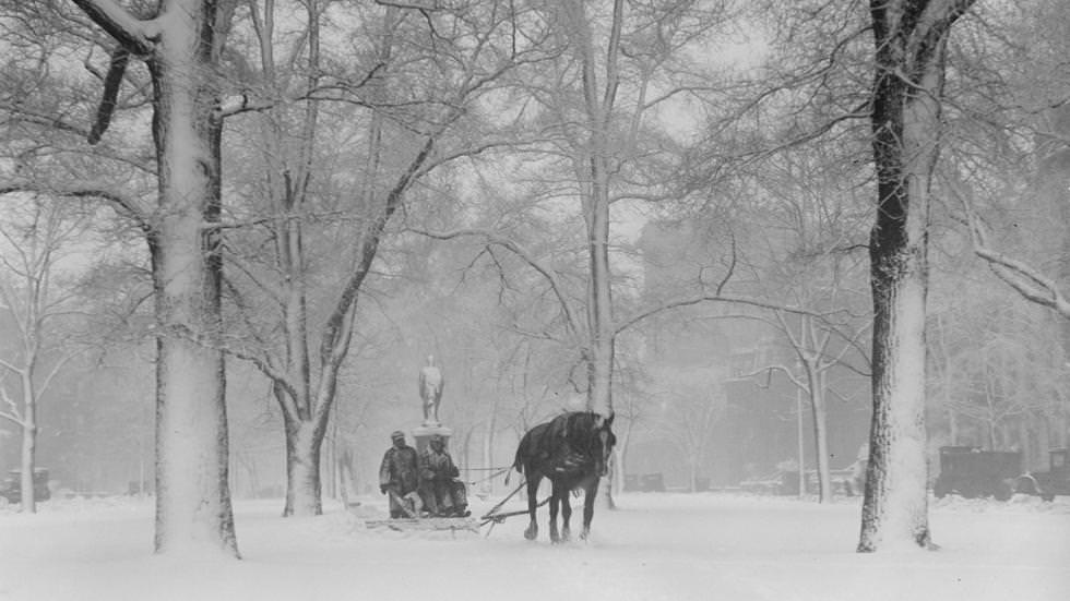 #16 Hamilton statue, Commonwealth Ave. Mall covered with snow, 1928
