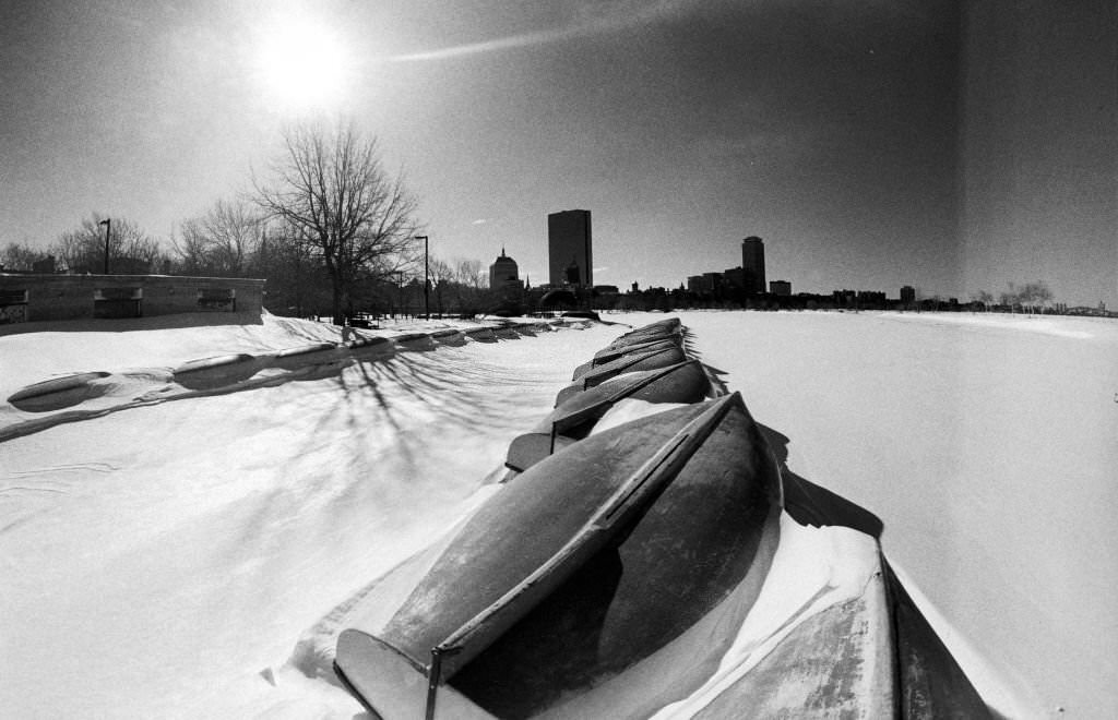 #151 Winter snow at the Community Boat House on the Charles River Esplanade, Boston, Massachusetts, 1971.
