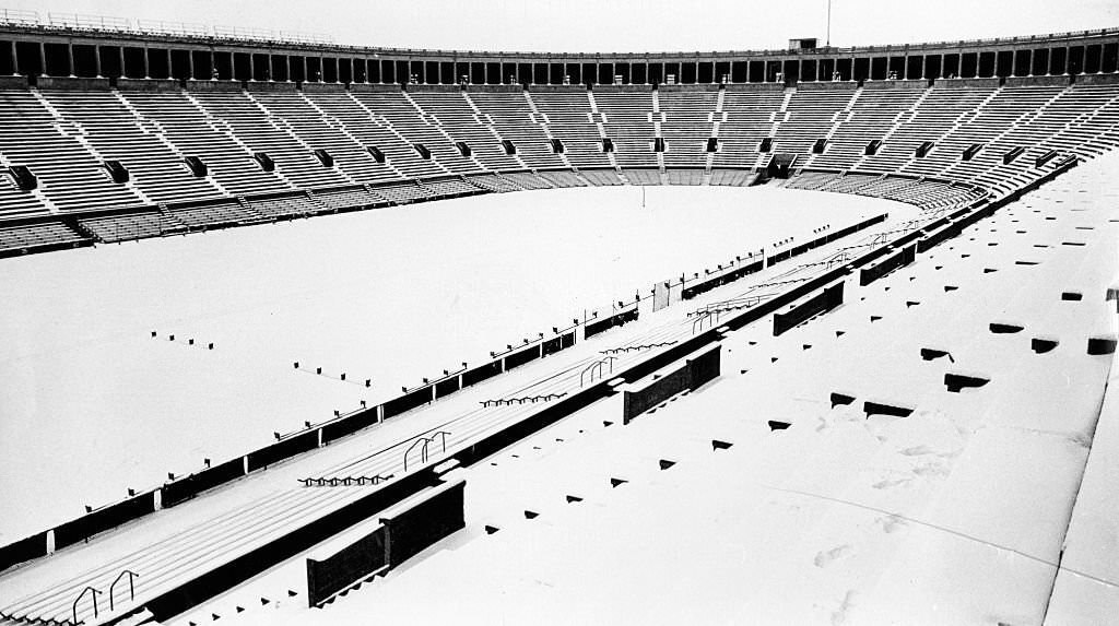 #154 Snow covers Harvard Stadium in Boston, 1970.
