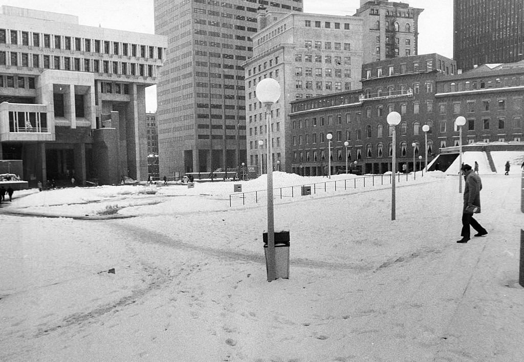 #155 City Hall Plaza in Boston is covered in snow, 1970.