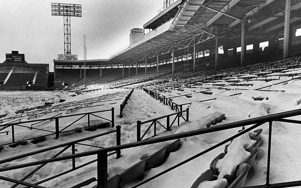 #164 Snow covers the bleachers at Fenway Park in Boston, 1969.