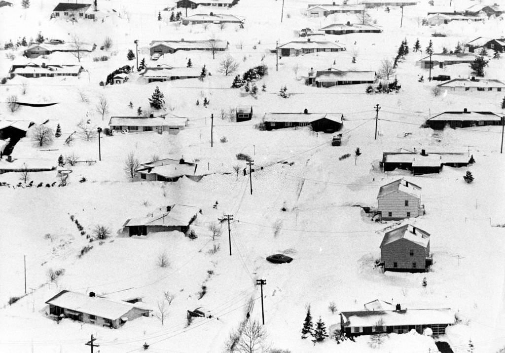 #181 An aerial view of homes covered in snow in West Peabody, Mass., on Feb. 27, 1969.