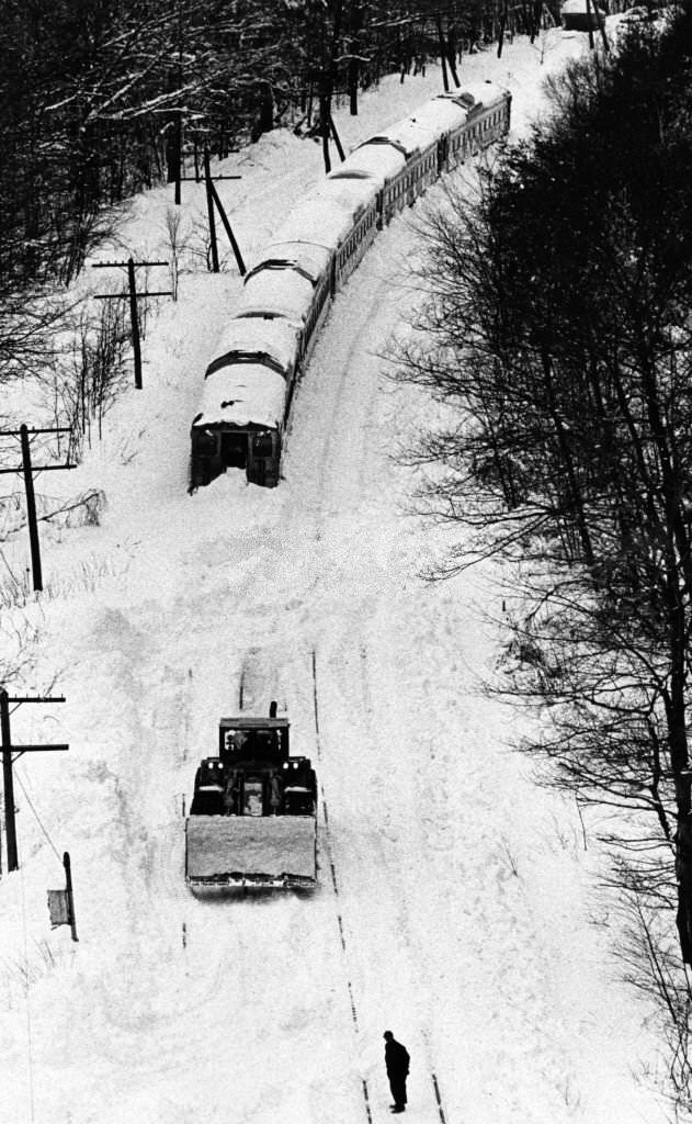 #171 Train tracks covered in snow in Massachusetts, 1969.