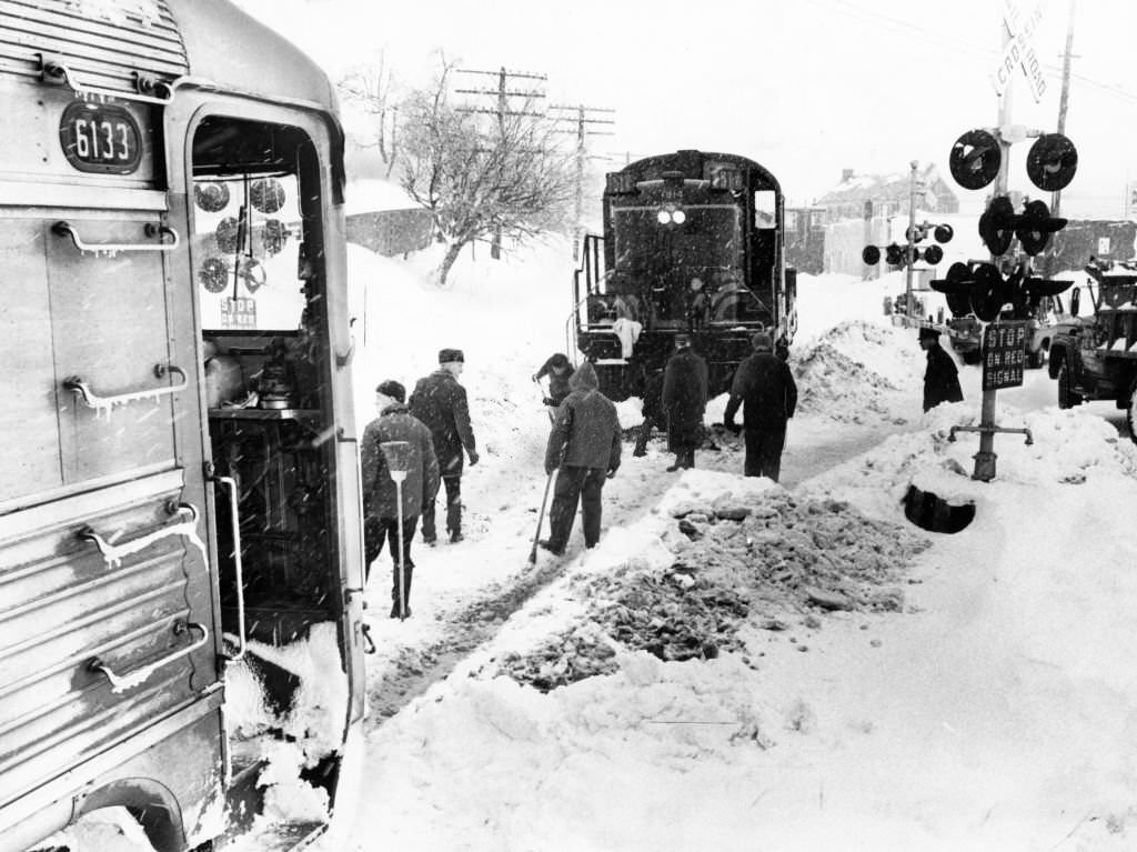 #173 A diesel engine derailed in the snow at Topsfield Road in Ipswich, 1969.