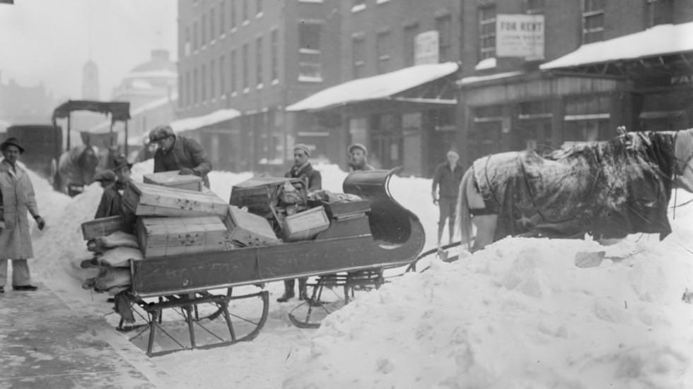 #3 Horse-drawn sleigh for hauling goods, market district, 1900s