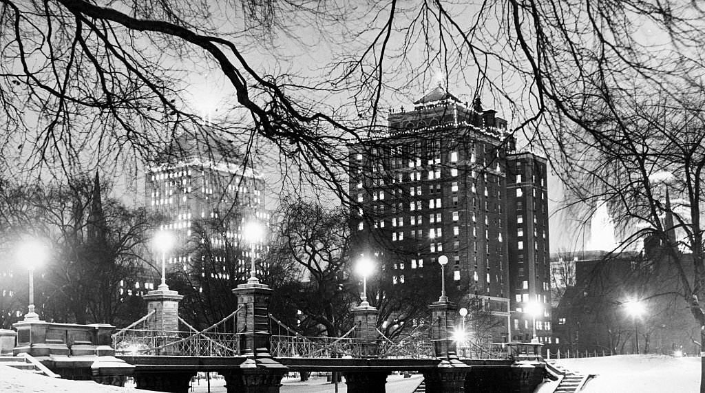 #40 Snow covers the Public Garden in Boston at night,1966.