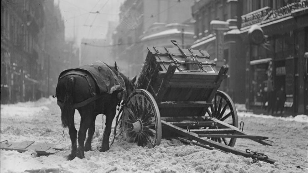 #7 Blizzard wreaks havoc on a working horse near South Station, breaking shaft and dumping his load of snow, 1920