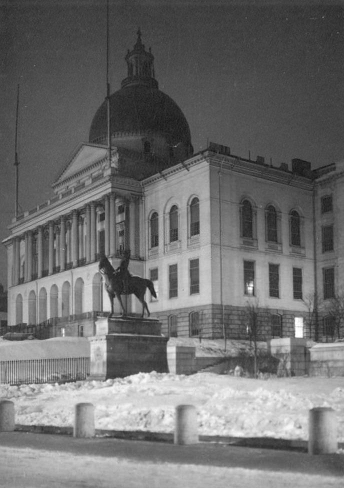 #92 Front right view of Massachusetts State House, equestrian statue in foreground, snow on ground, Boston, Massachusetts, 1906.