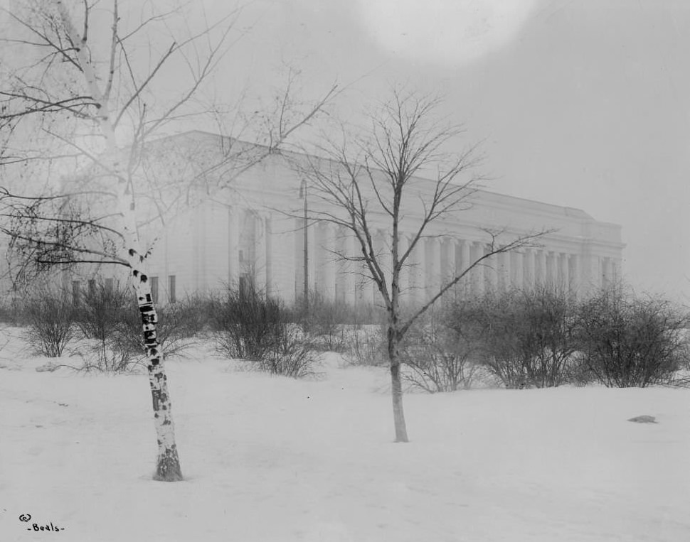 #97 Winter view of colonnaded exterior of Museum of Fine Arts through trees, Boston, Massachusetts, 1906. Snow, shrubs in foreground.