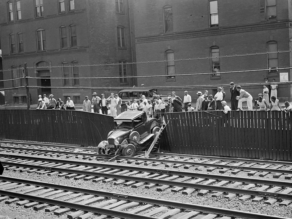 #20 Auto goes out of control and crashes through fence onto B&A Tracks near Greenwich Park, South End, 1934