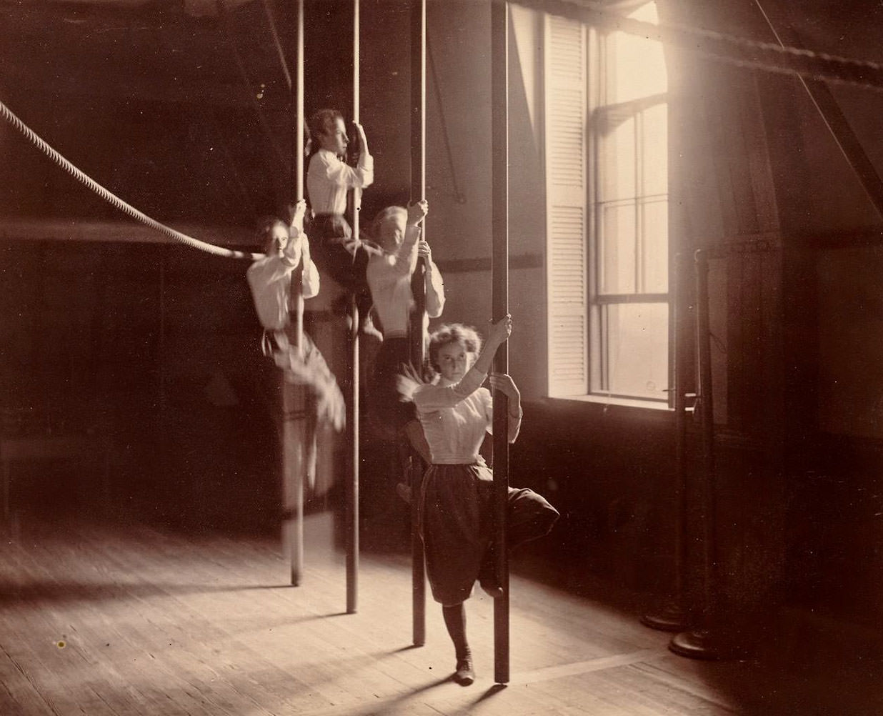 Girls doing Gymnastics in Charlestown High School, Boston, 1893 Sports