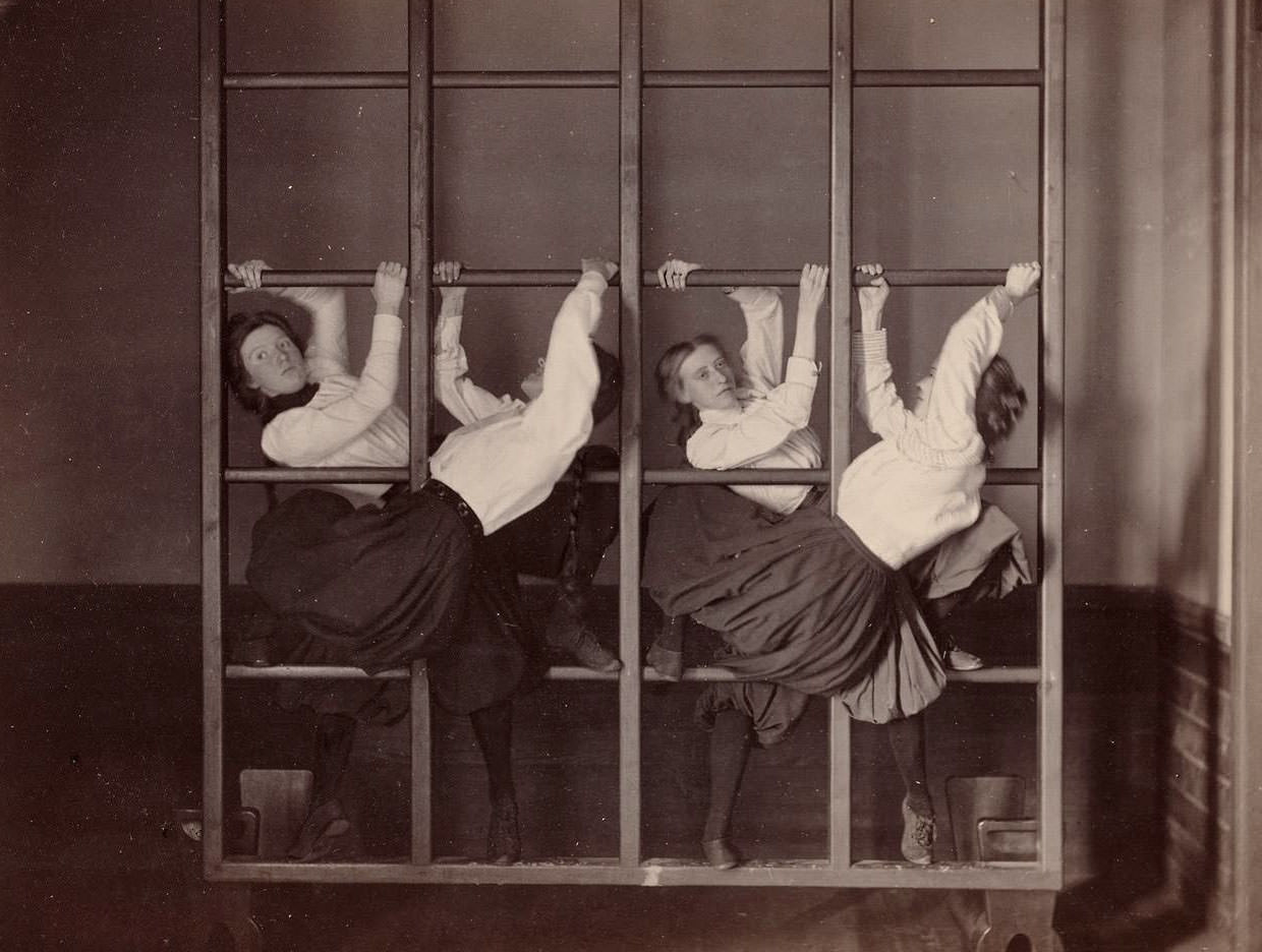 Girls doing Gymnastics in Charlestown High School, Boston, 1893 Sports