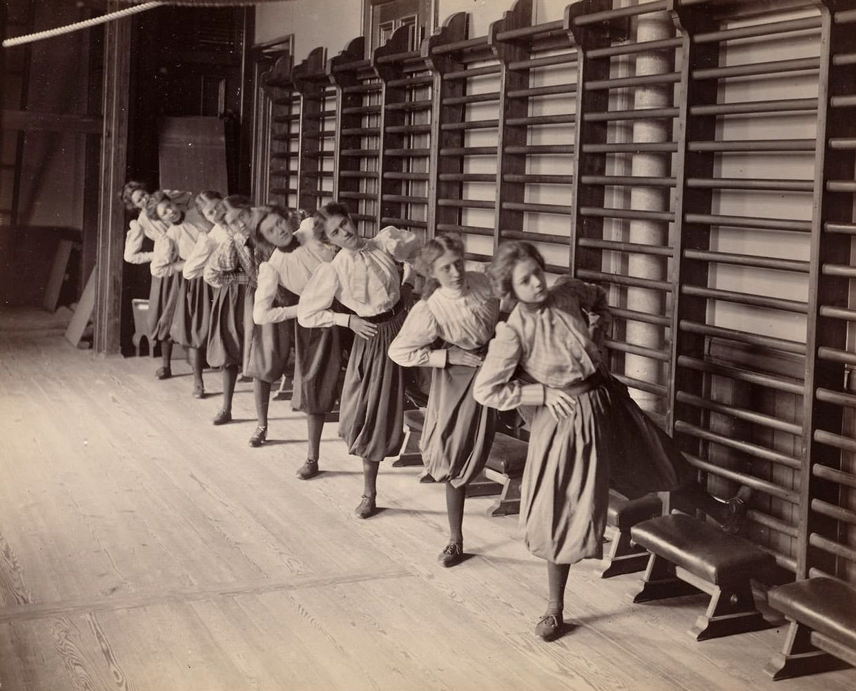 Girls doing Gymnastics in Charlestown High School, Boston, 1893 Sports