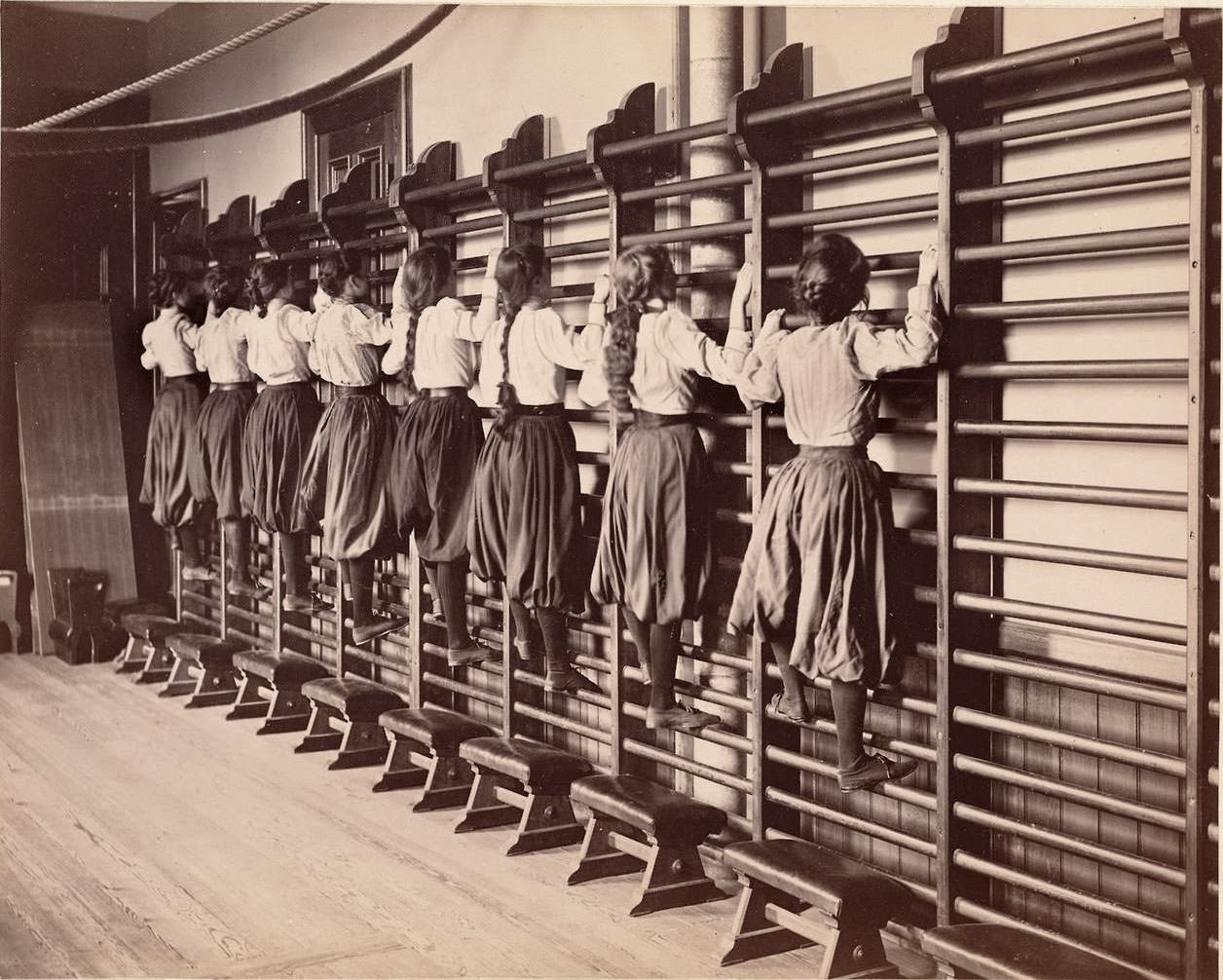 Girls doing Gymnastics in Charlestown High School, Boston, 1893 Sports