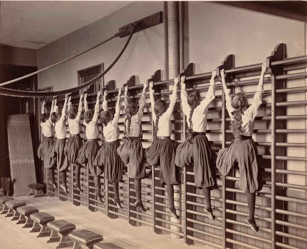 Girls doing Gymnastics in Charlestown High School, Boston, 1893 Sports