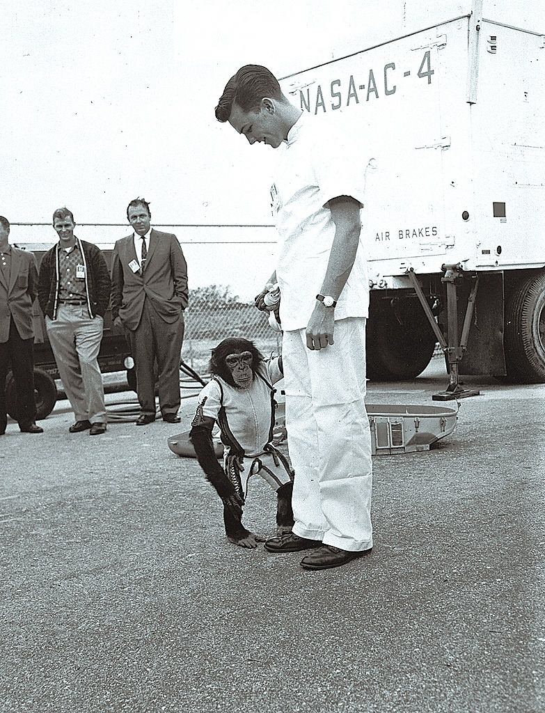 #18 US astronauts Alan Shepard is photographed with Ham who preceded him in space with a 16′ 39” seconds sub-orbital flight performed aboard the Mercury Redstone rocket on January 31, 1961.