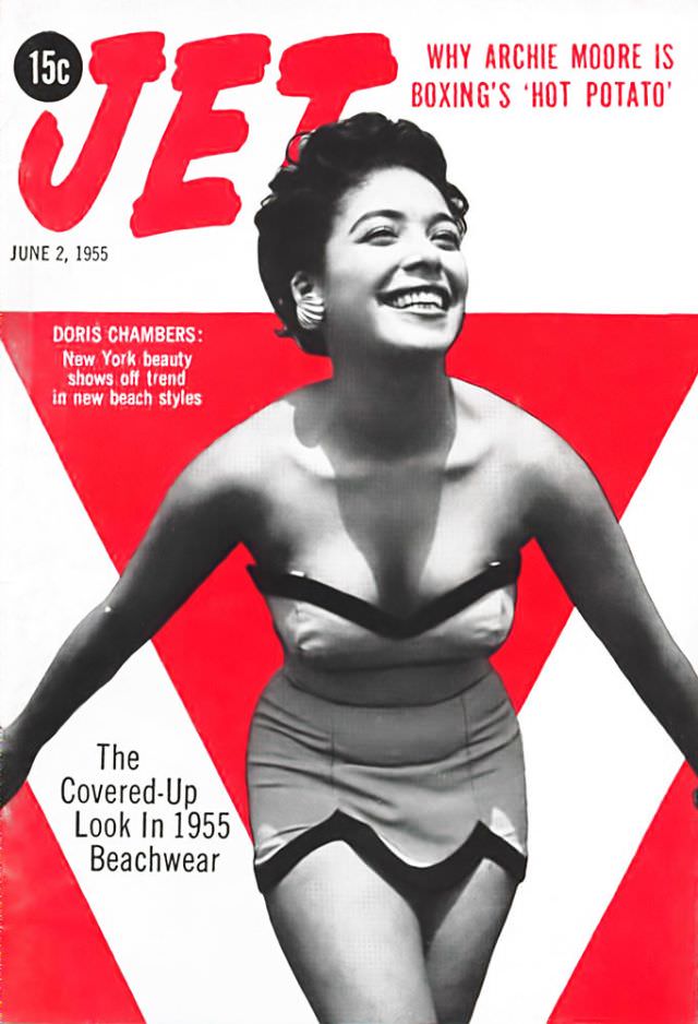 #28 Doris Chambers Models The Covered Up Look in 1955 Beachwear, Jet Magazine, June 2, 1955
