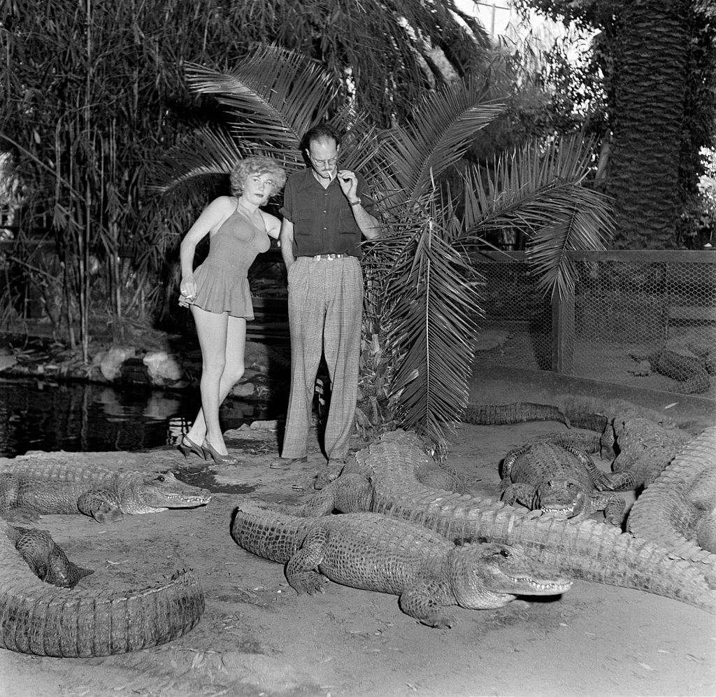 #4 A model stands with an alligator wrangler by alligators at the Los Angeles Alligator Farm, 1949