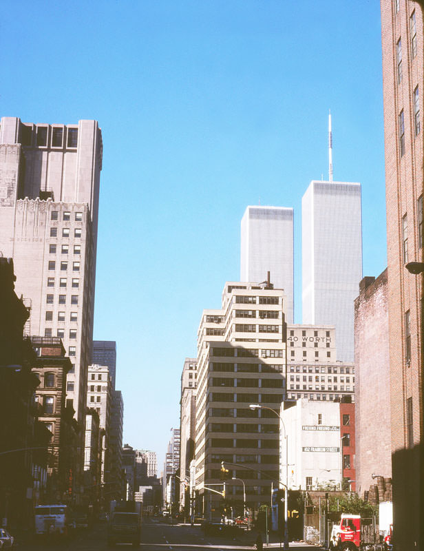 #66 Looking south along Church Street near Leonard Street, a view of the Twin Towers, Spring 1980