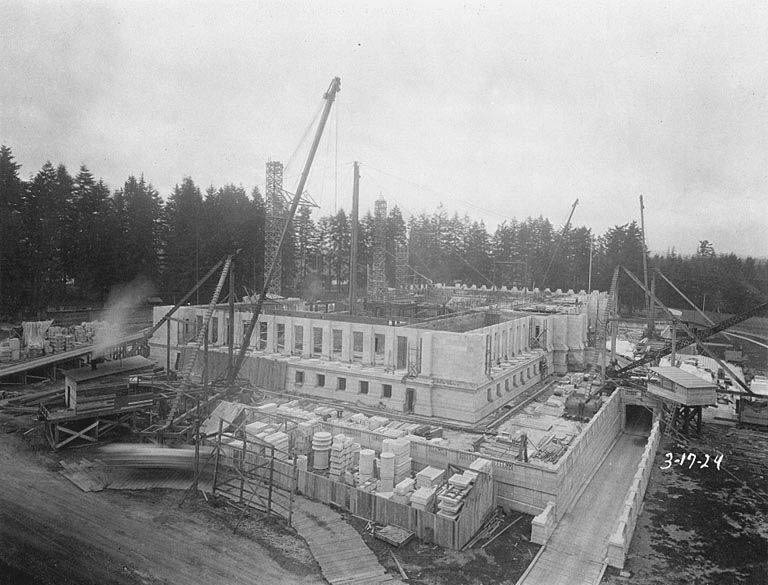 #20 Construction progress on Legislative Building showing early stonework on walls, Washington State Capitol group, Olympia, March 17, 1924
