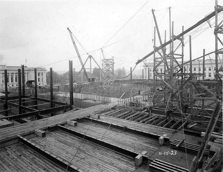 #49 Construction progress on Legislative Building showing foundation pour forms, Washington State Capitol group, Olympia, November 15, 1923