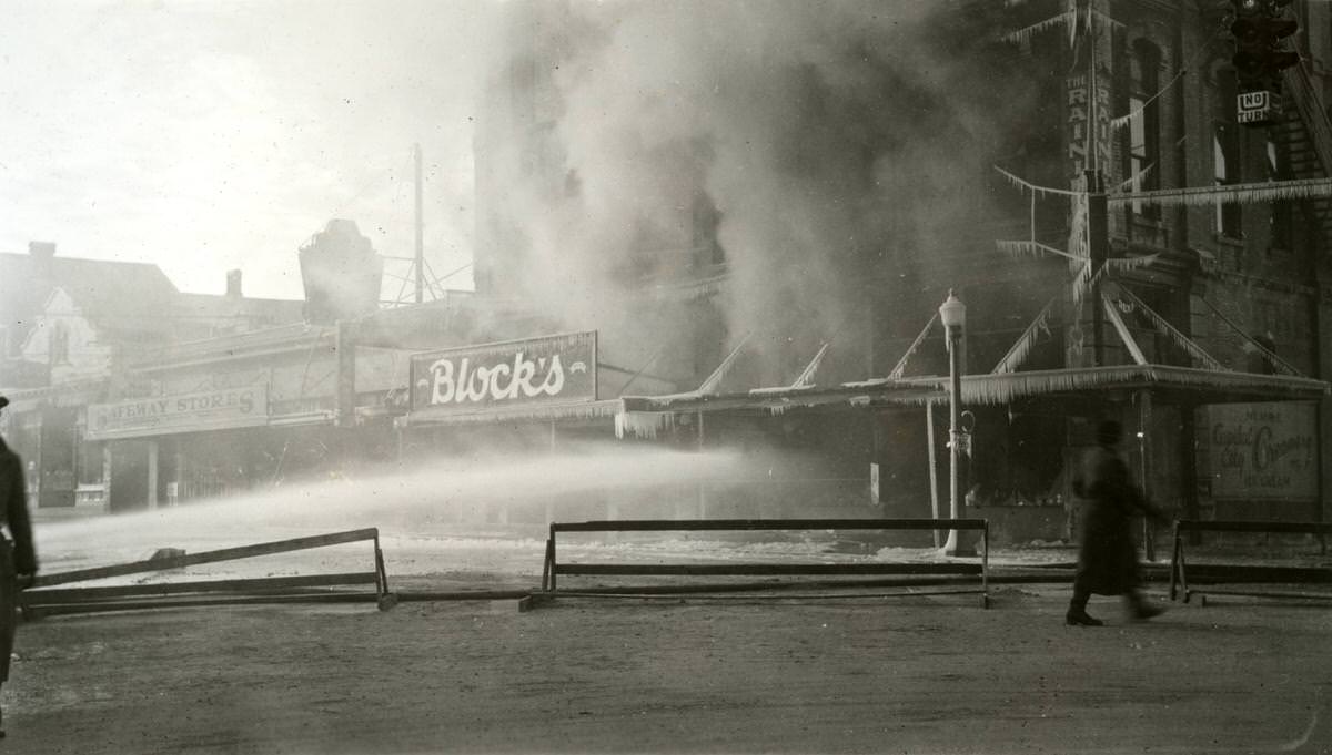 #61 Corner of Odd Fellows Hall with smoke coming from upper stories.