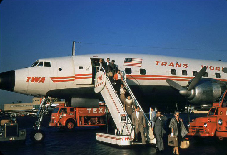#27 Passengers disembarking from TWA Lockheed Constellation at Midway Airport, Chicago, 1958