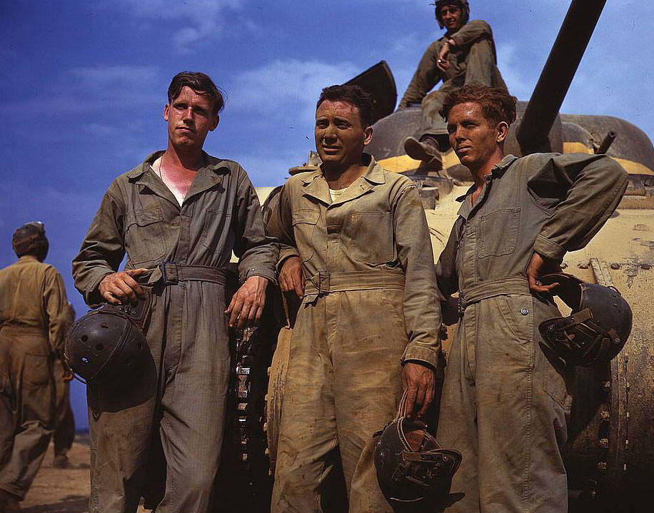 #86 Tank crew standing in front of M-4 tank, Ft. Knox, Kentucky, 1950s