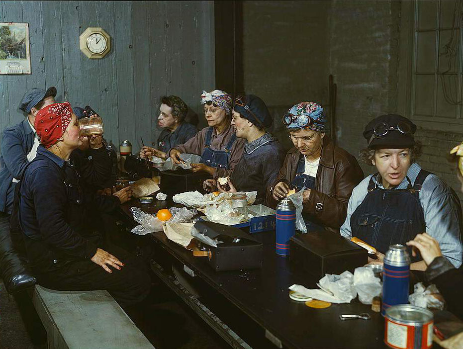 #89 Women workers employed as wipers in the roundhouse having lunch in their rest room, C. & N.W. R.R., Clinton, Iowa, 1950s