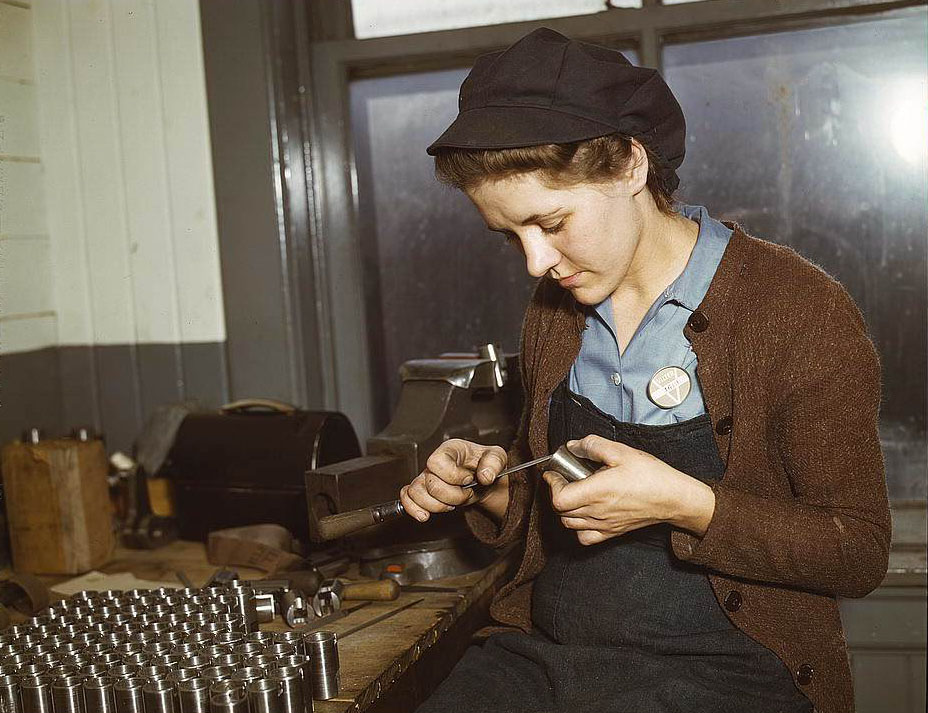 #94 War production workers at the Vilter [Manufacturing] Company making M5 and M7 guns for the U.S. Army, Milwaukee, Wis. Ex-housewife, age 24, filing small parts, 1950s